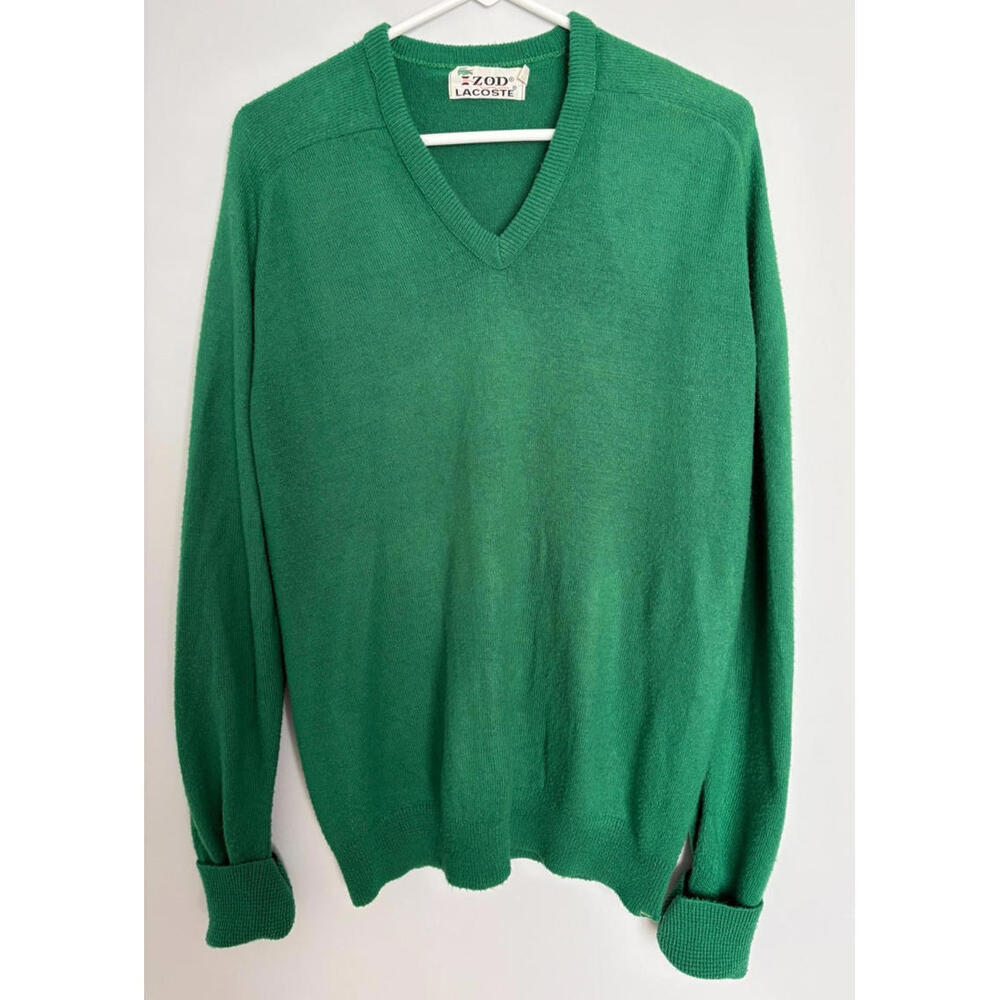 Vintage Izod Lacoste Mens Kelly Green Knit V Neck Sweater Size Large
